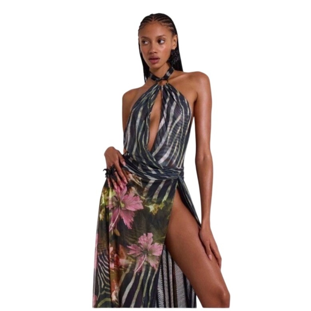 Jaded London Ring Amara Dress Zebra Floral Mesh Maxi Beaded Fringe 6 NWT Revolve